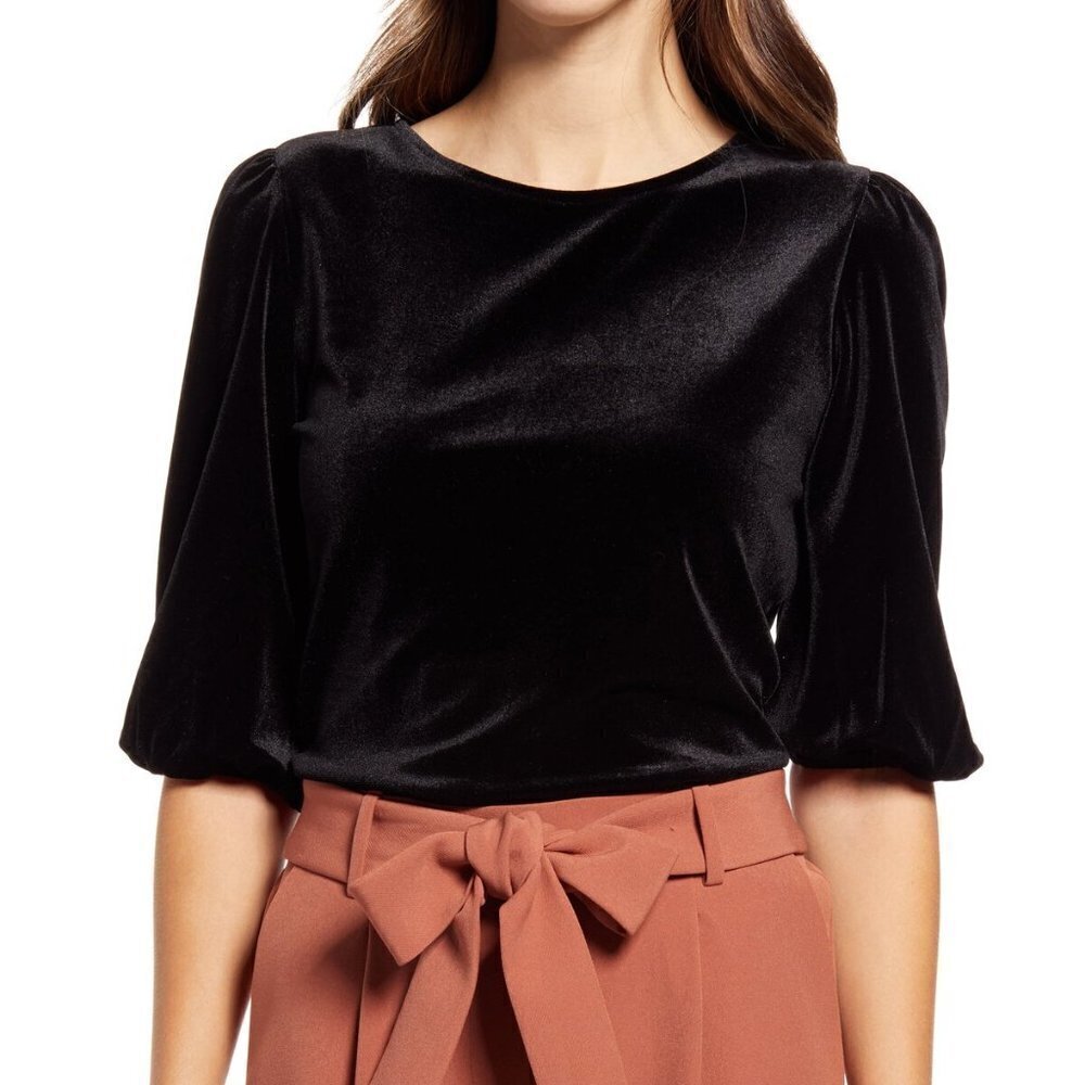 𝅺HALOGEN BNWT Black Velvet Top Small Velour Bubble Sleeve New